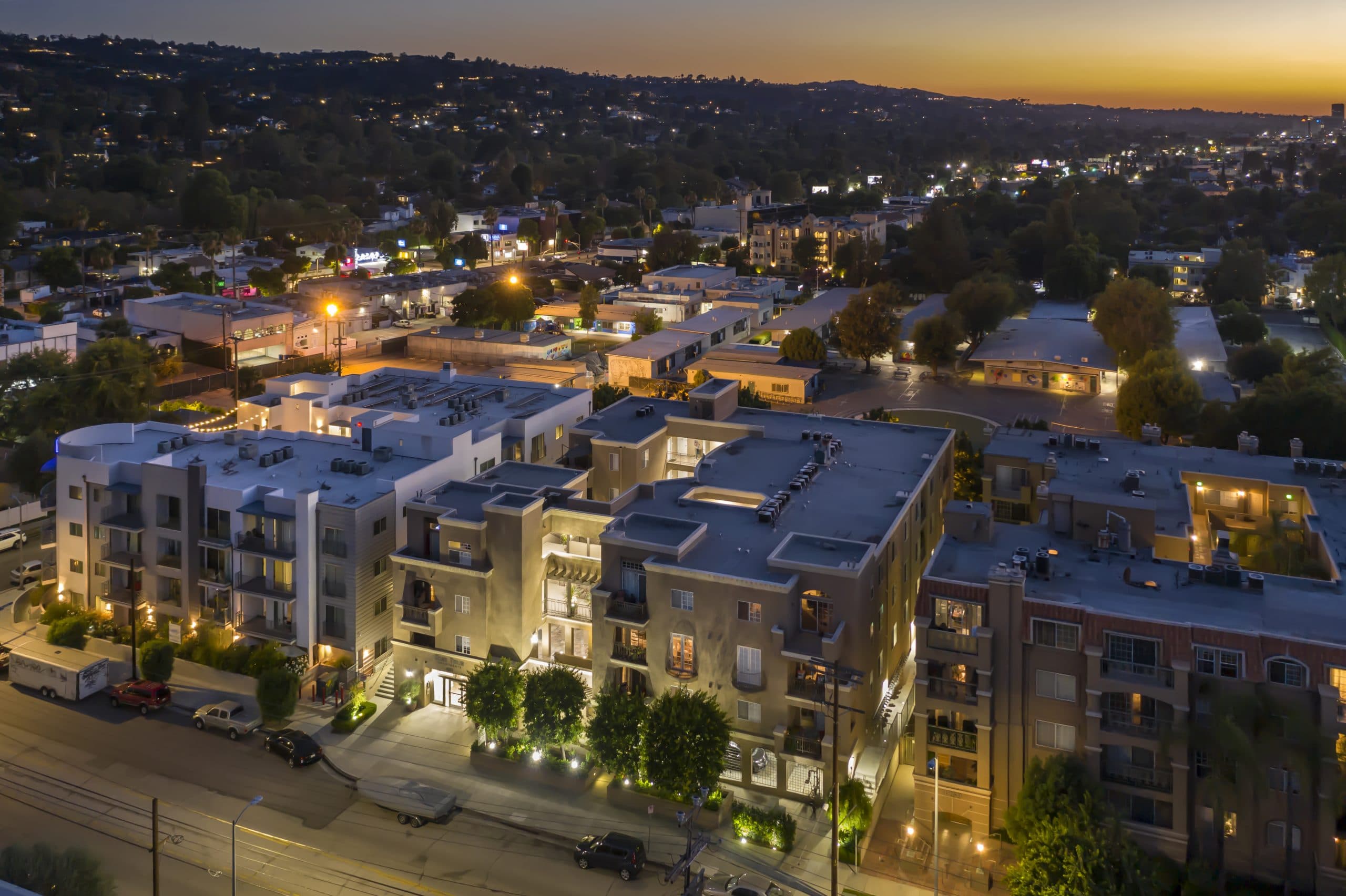 Apartments In Sherman Oaks CA Night Time Aerial View Of Community And Surrounding Areas Scaled 